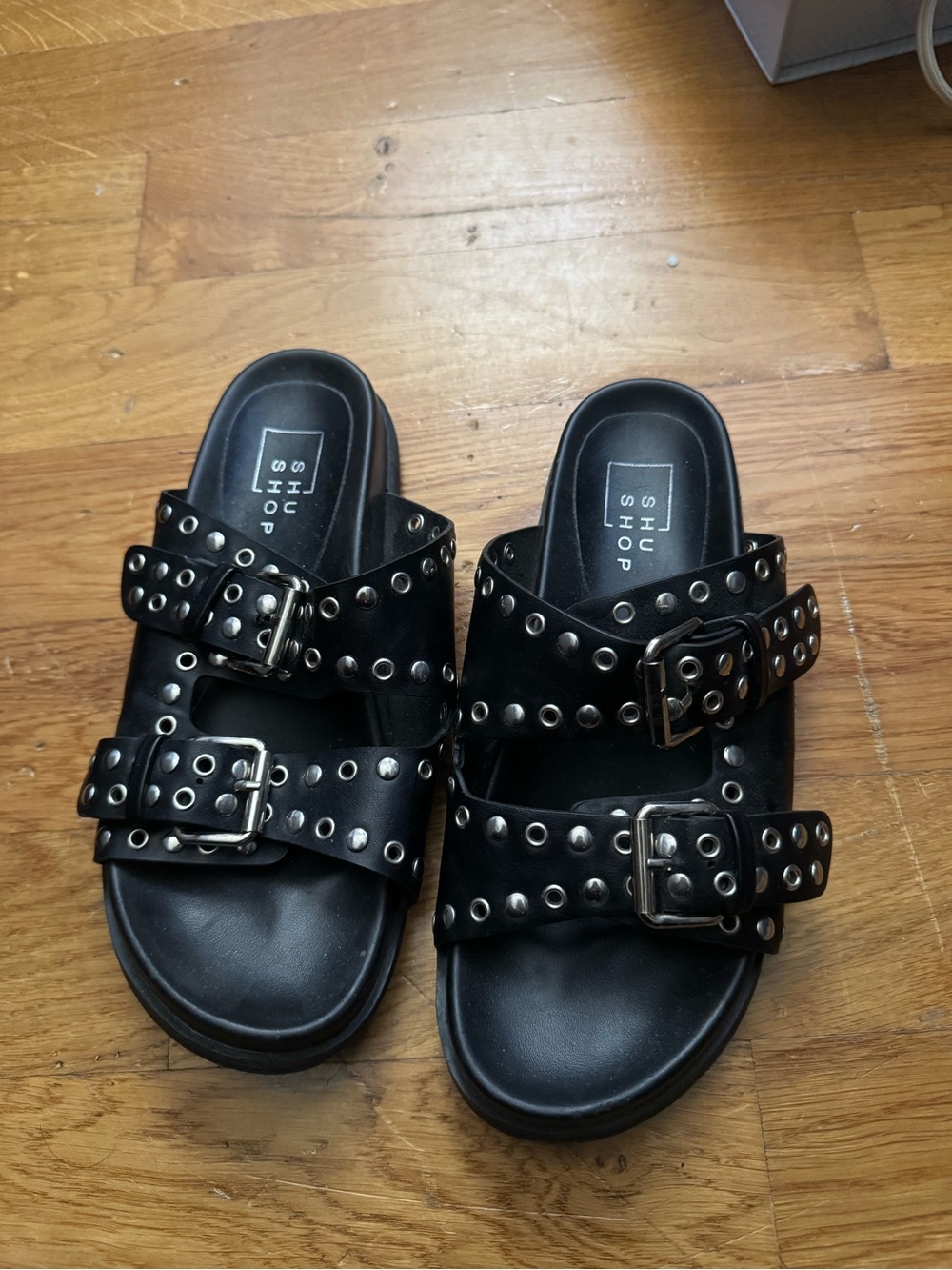 Shu shop silver studded black slide sandals